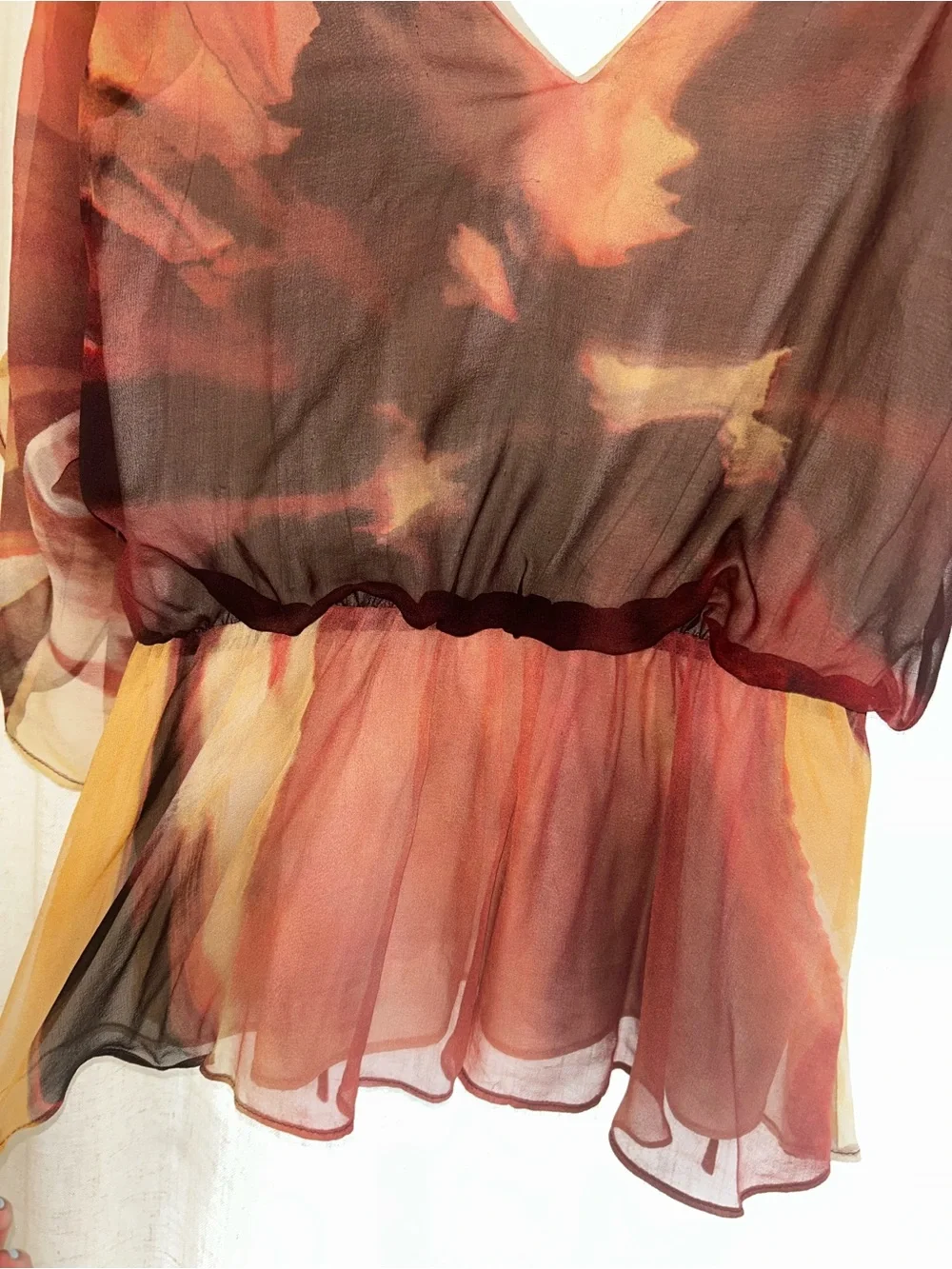 Alice + Olivia Sheer V-Neck Blouse in Rust, Brown, Gold Watercolor